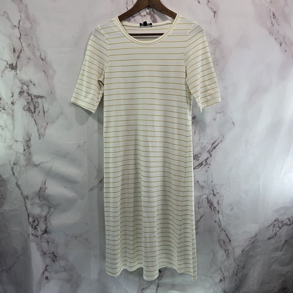 Roolee Dress Womens Small White Mustard Striped T Shirt Short Sleeve Midi